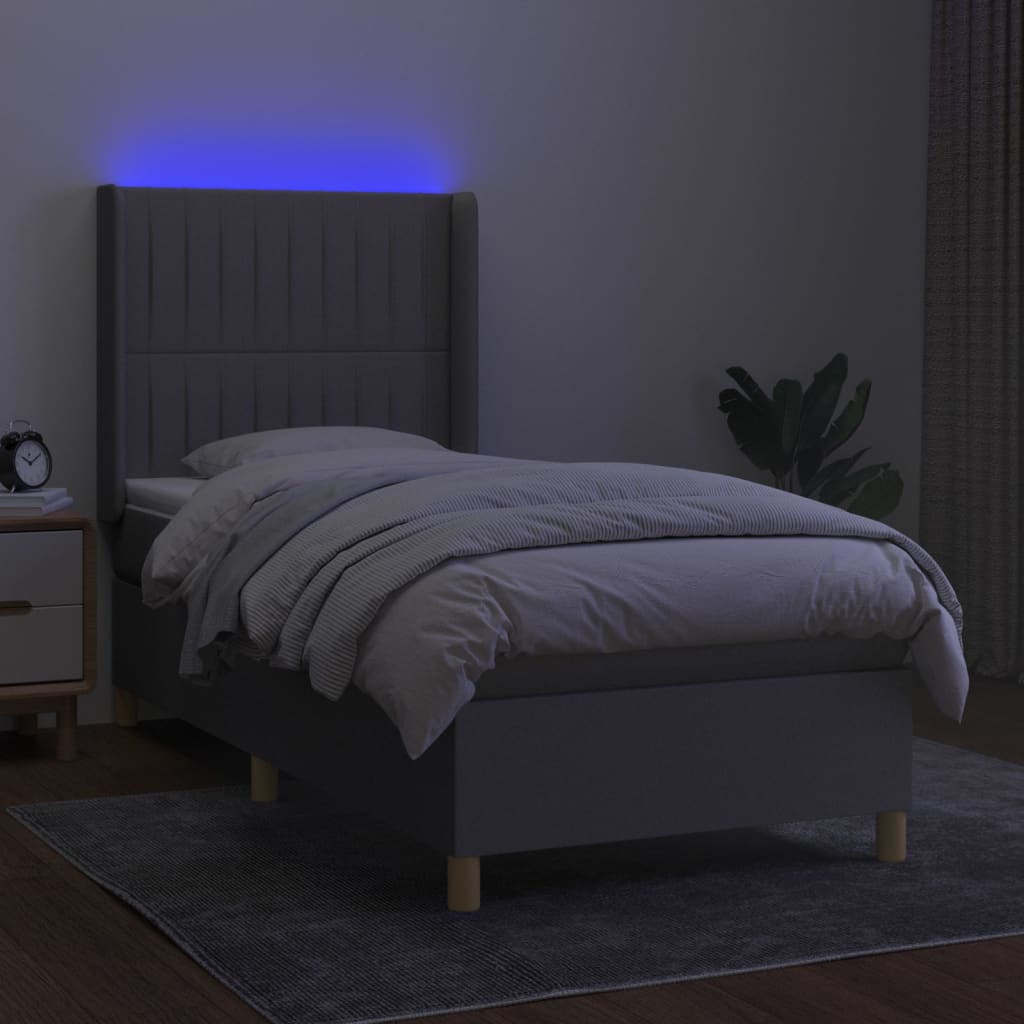 Krevet box spring s madracem LED svjetlosivi 90x200 cm tkanina