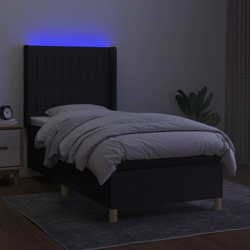 Krevet box spring s madracem LED crni 90x200 cm od tkanine