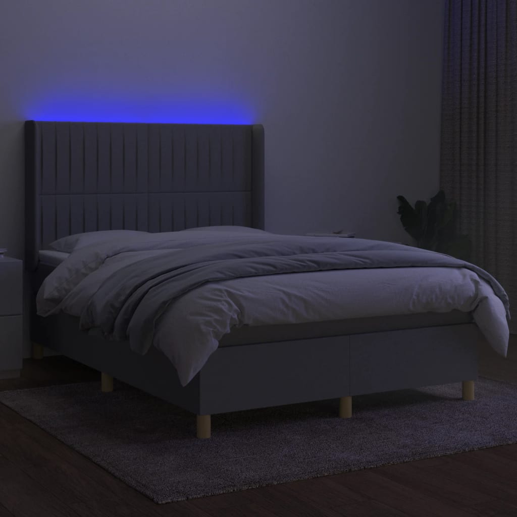 Krevet box spring s madracem LED svjetlosivi 140x190 cm tkanina