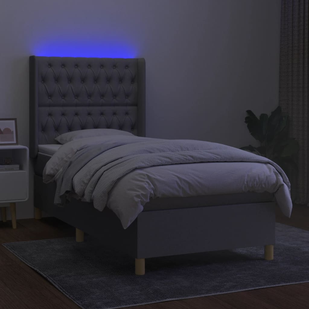 Krevet box spring s madracem LED svjetlosivi 90x200 cm tkanina
