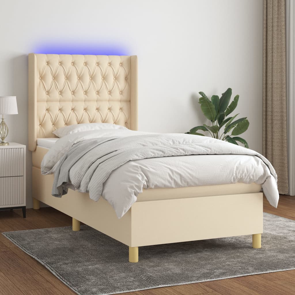 Krevet box spring s madracem LED krem 90x200 cm od tkanine
