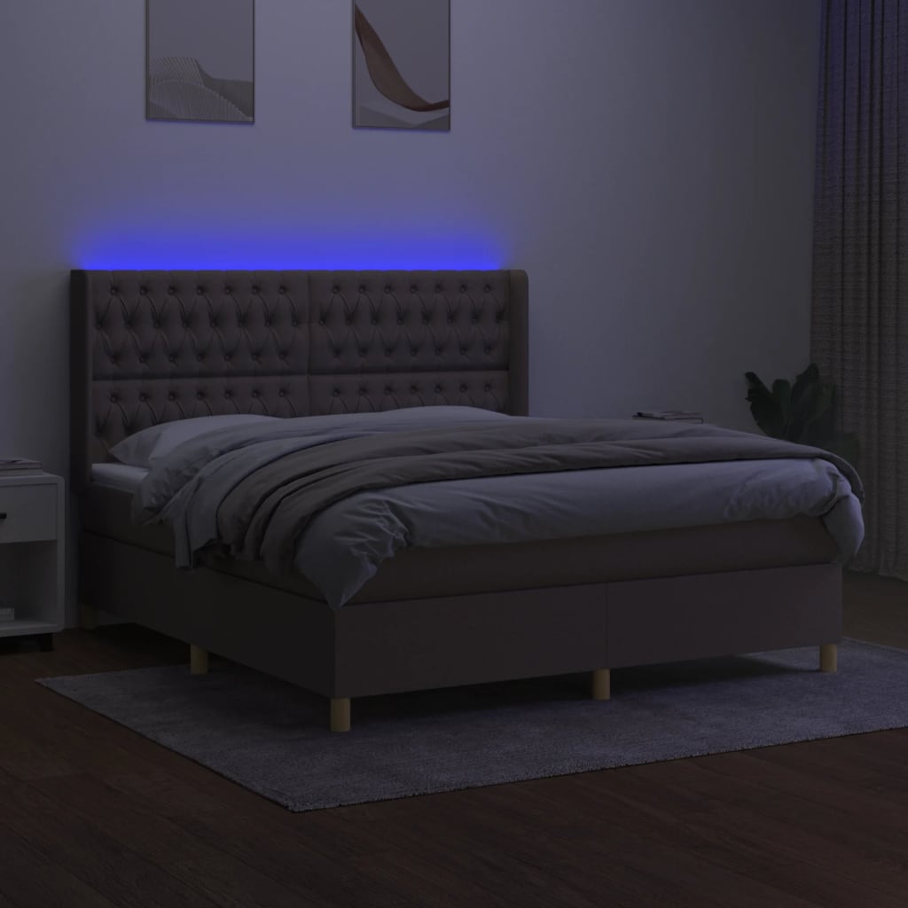 Krevet box spring s madracem LED smeđesivi 180x200 cm tkanina