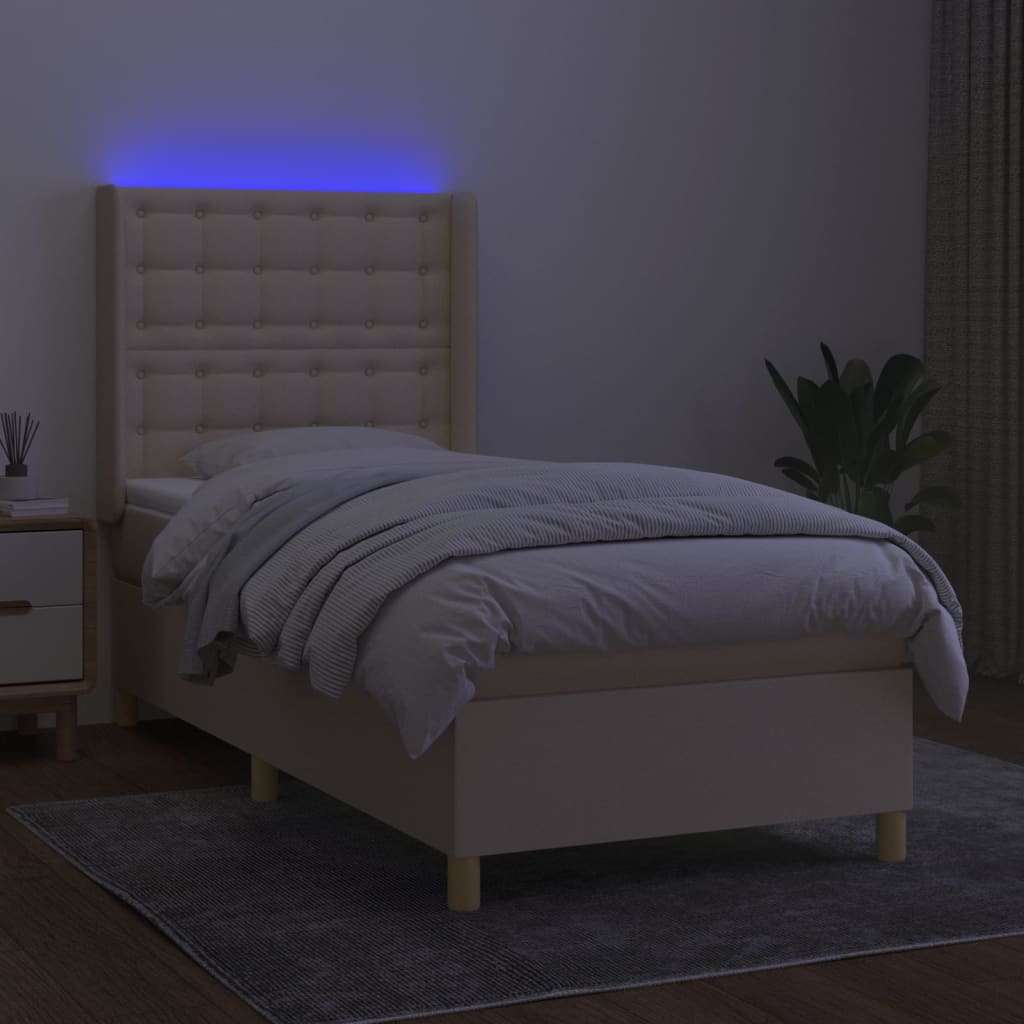 Krevet box spring s madracem LED krem 90x190 cm od tkanine