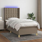 Krevet box spring s madracem LED smeđesivi 90x200 cm tkanina