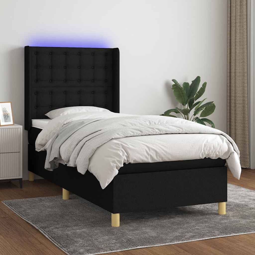 Krevet box spring s madracem LED crni 100x200 cm od tkanine