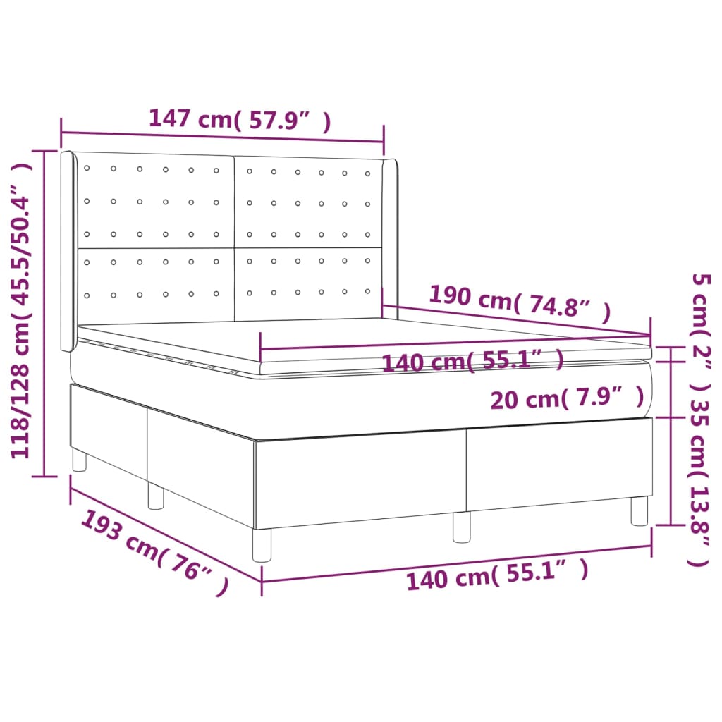 Krevet box spring s madracem LED krem 140x190 cm od tkanine