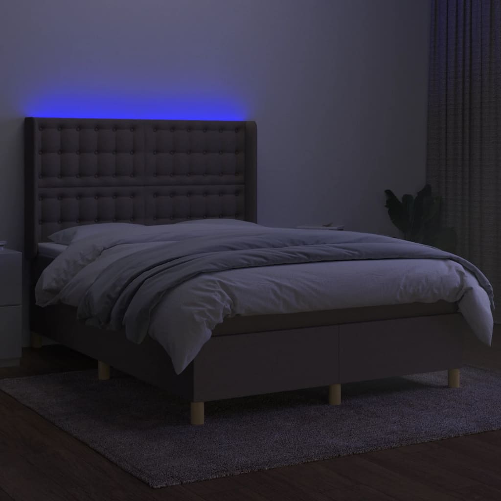 Krevet box spring s madracem LED smeđesivi 140x200 cm tkanina
