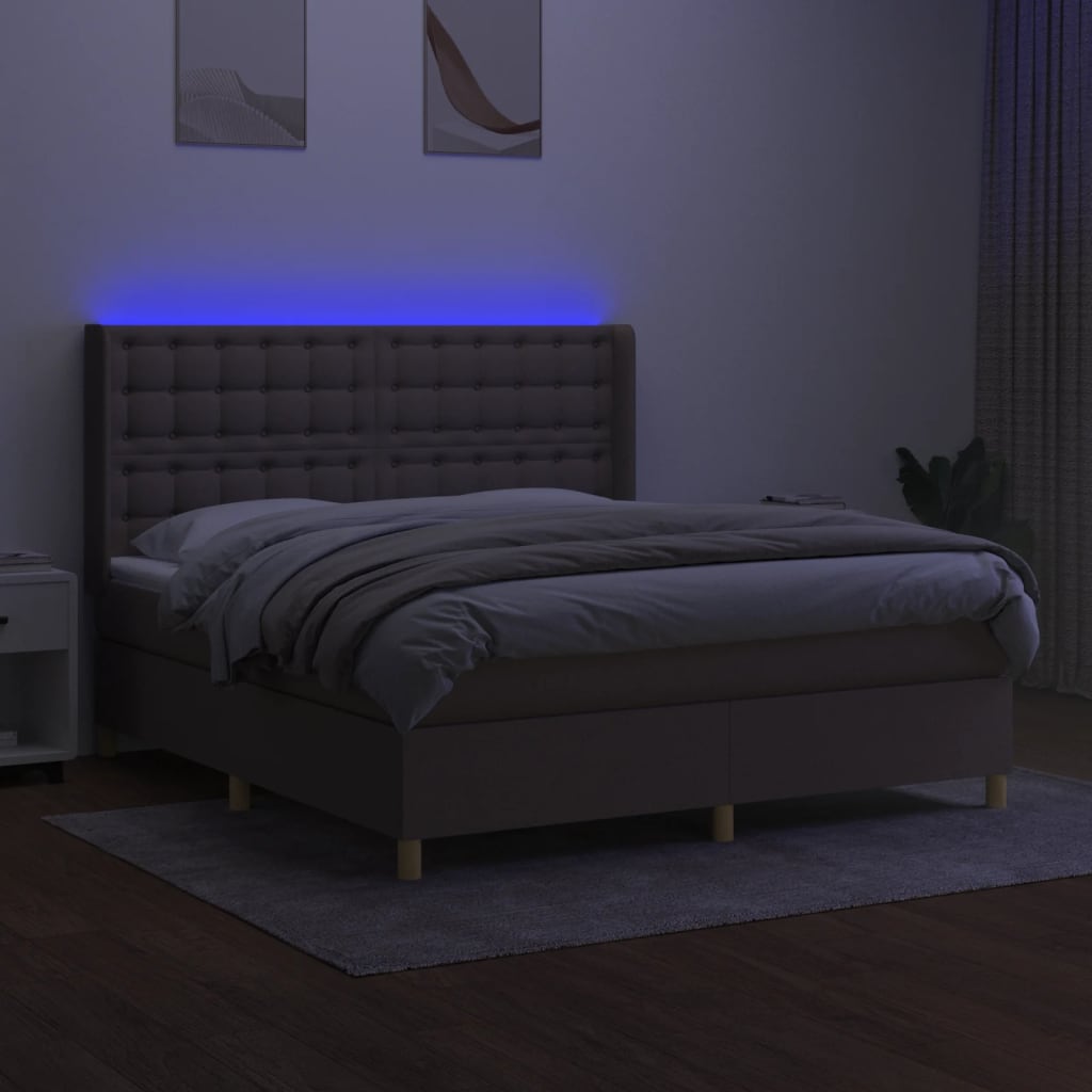 Krevet box spring s madracem LED smeđesivi 160x200 cm tkanina