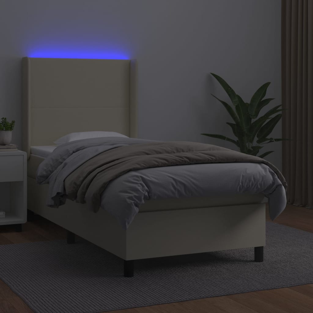 Krevet box spring s madracem LED krem 90x190 cm od umjetne kože