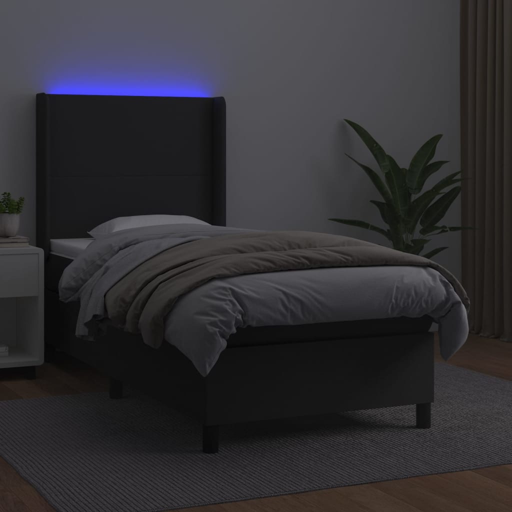 Krevet box spring s madracem LED crni 90x200 cm od umjetne kože