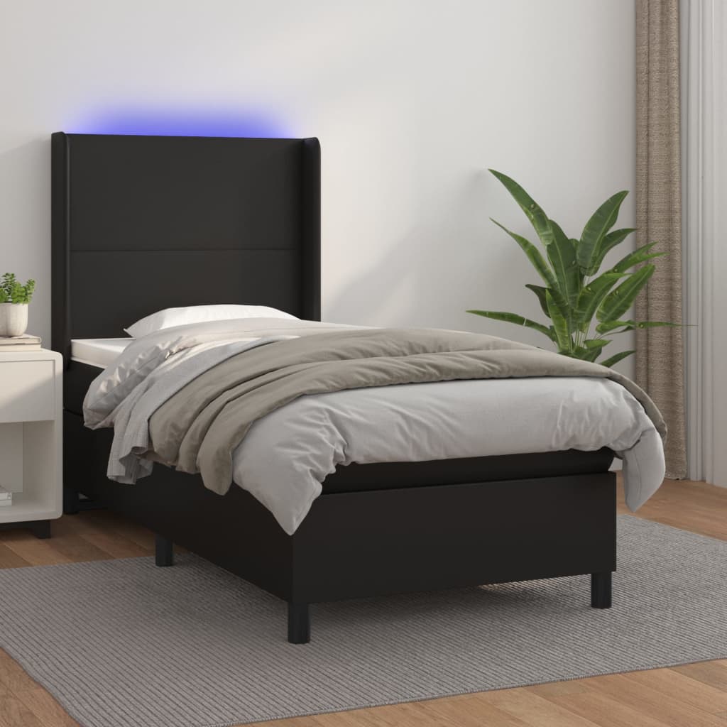 Krevet box spring s madracem LED crni 90x200 cm od umjetne kože