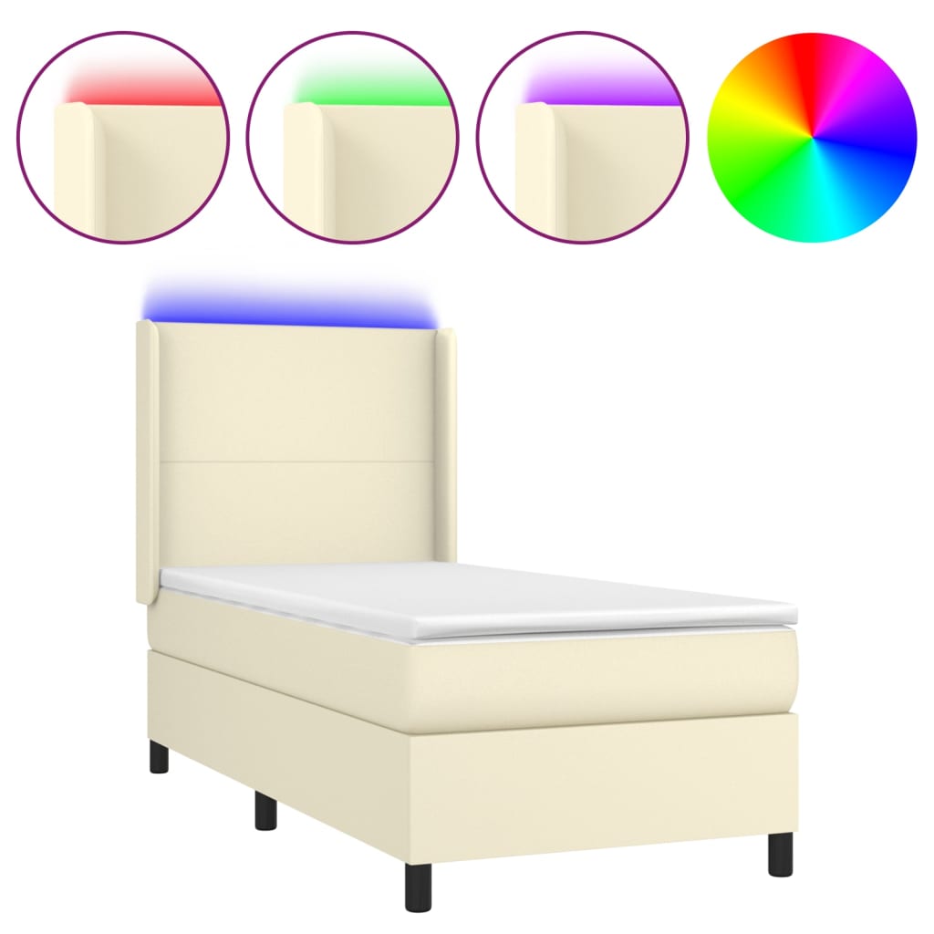Krevet box spring s madracem LED krem 100x200cm od umjetne kože