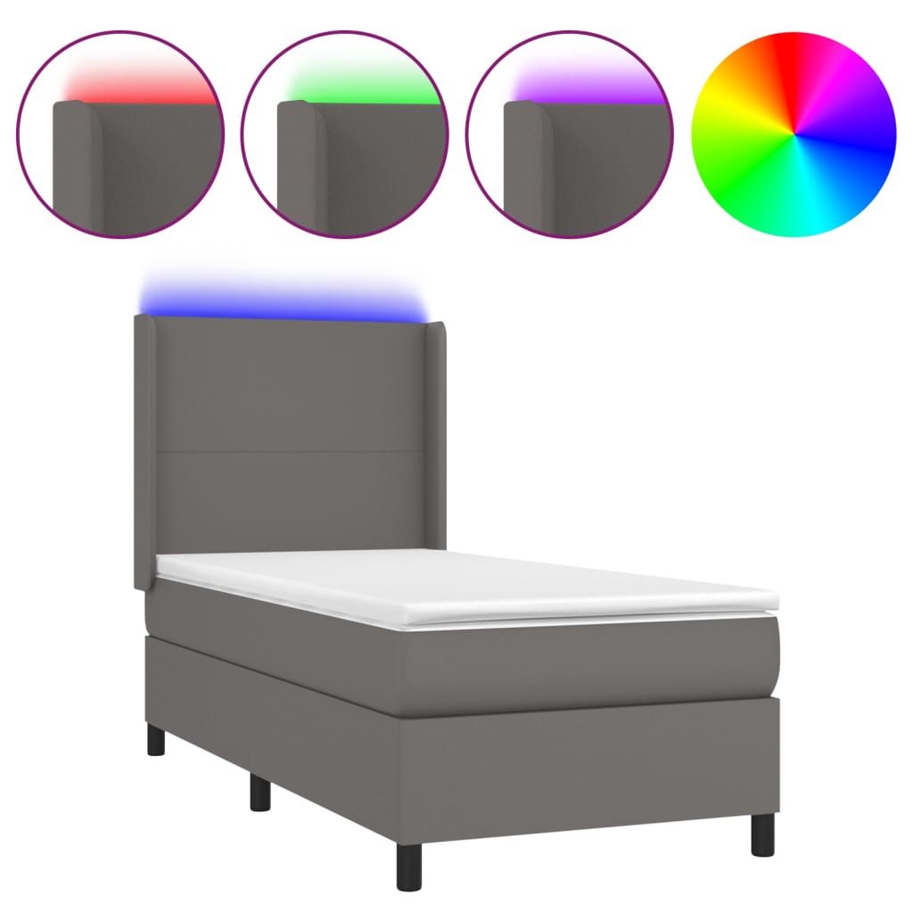 Krevet box spring s madracem LED sivi 100x200cm od umjetne kože