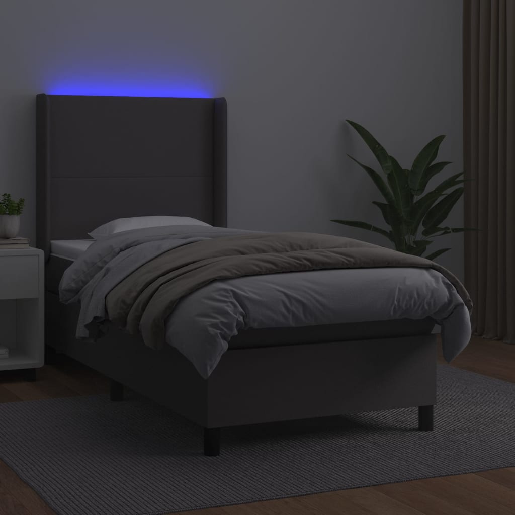 Krevet box spring s madracem LED sivi 100x200cm od umjetne kože