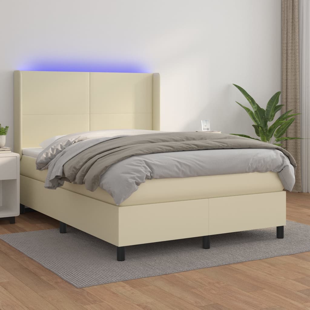 Krevet box spring s madracem LED krem 140x190cm od umjetne kože