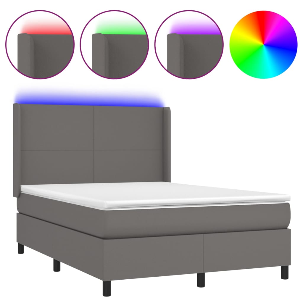 Krevet box spring s madracem LED sivi 140x190cm od umjetne kože