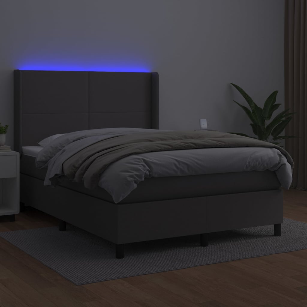 Krevet box spring s madracem LED sivi 140x190cm od umjetne kože