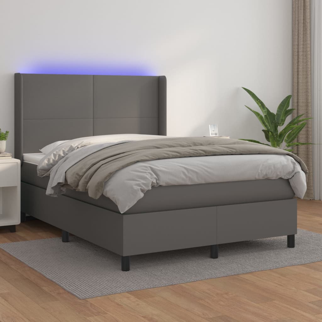 Krevet box spring s madracem LED sivi 140x190cm od umjetne kože