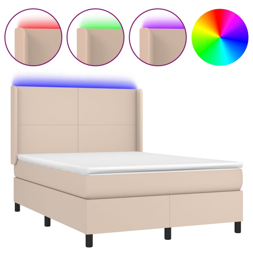 Krevet box spring madrac LED cappuccino 140x190cm umjetna koža