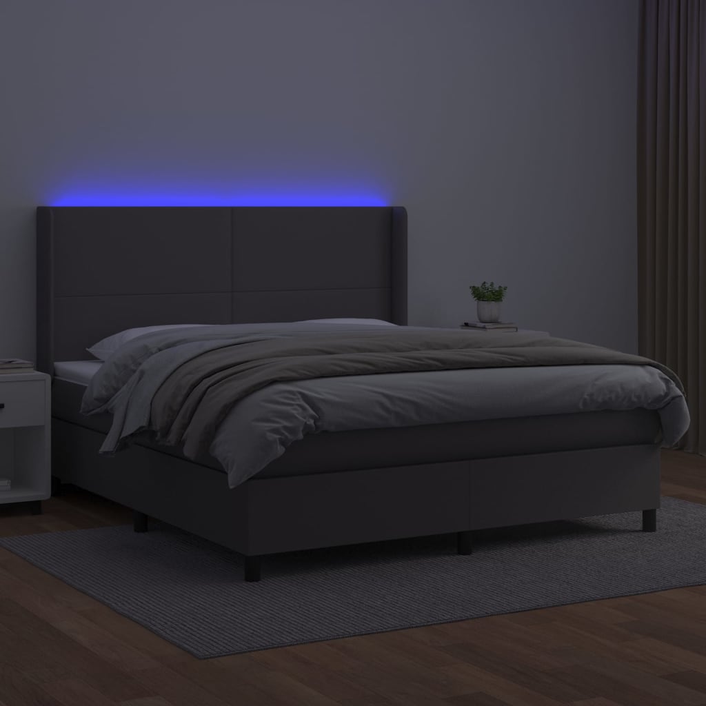 Krevet box spring s madracem LED sivi 180x200cm od umjetne kože