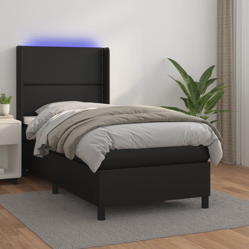 Krevet box spring s madracem LED crni 90x190 cm od umjetne kože