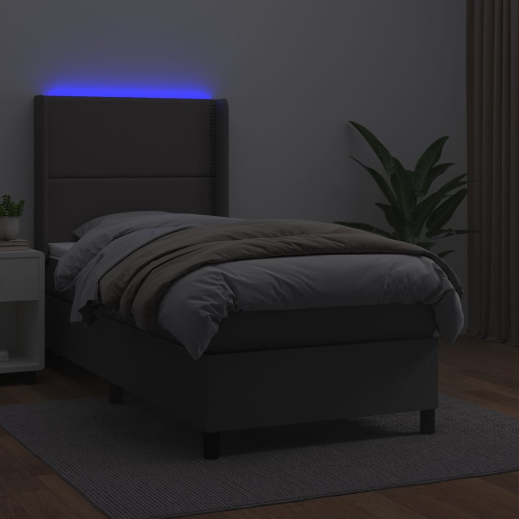 Krevet box spring s madracem LED sivi 90x200 cm od umjetne kože