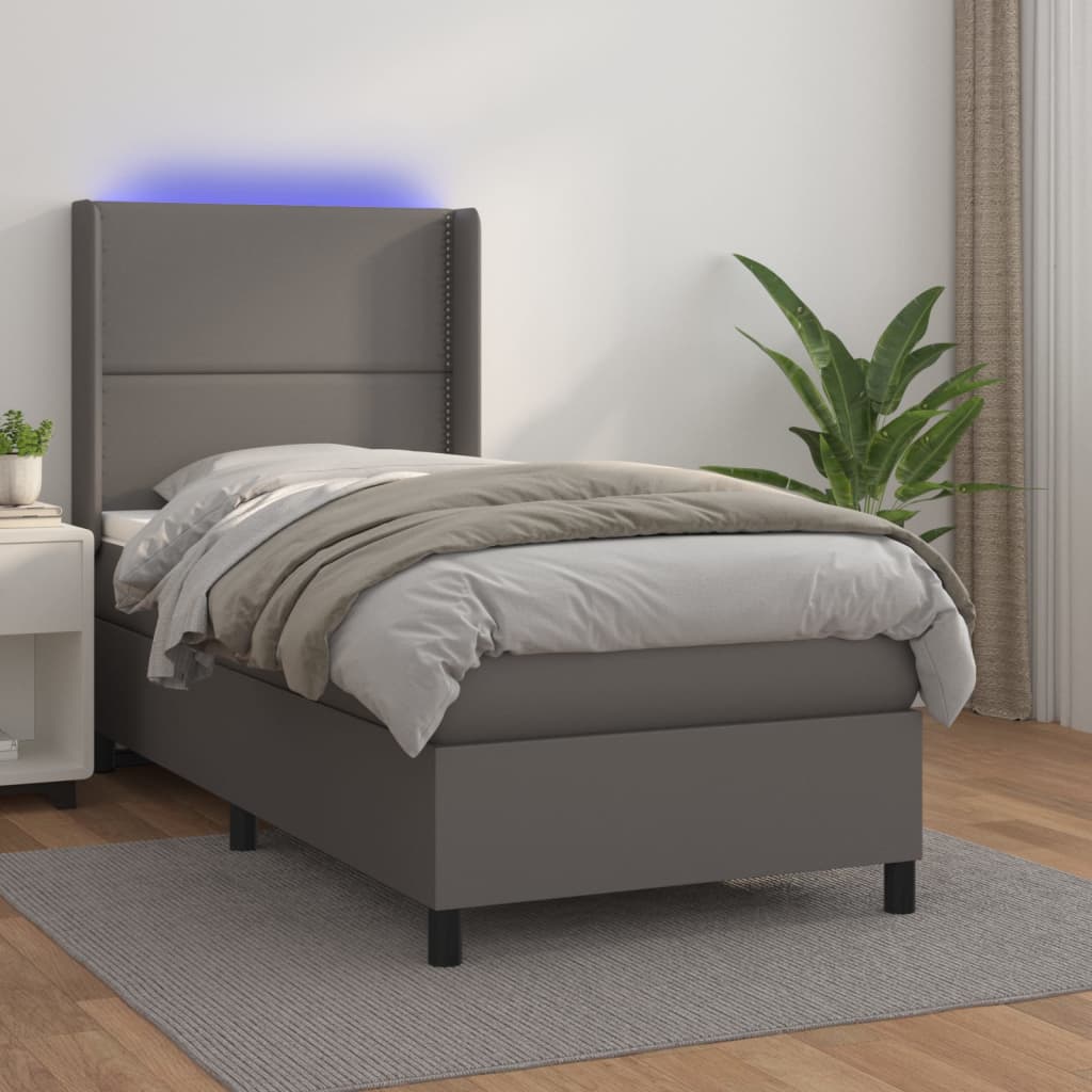 Krevet box spring s madracem LED sivi 90x200 cm od umjetne kože