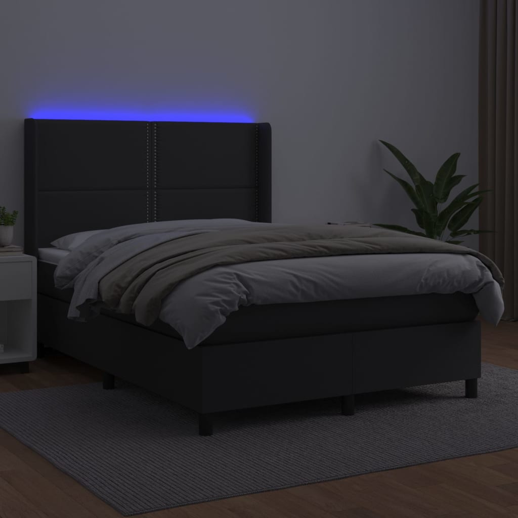 Krevet box spring s madracem LED crni 140x200cm od umjetne kože
