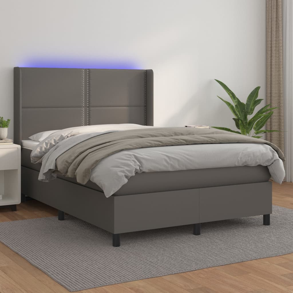 Krevet box spring s madracem LED sivi 140x200cm od umjetne kože