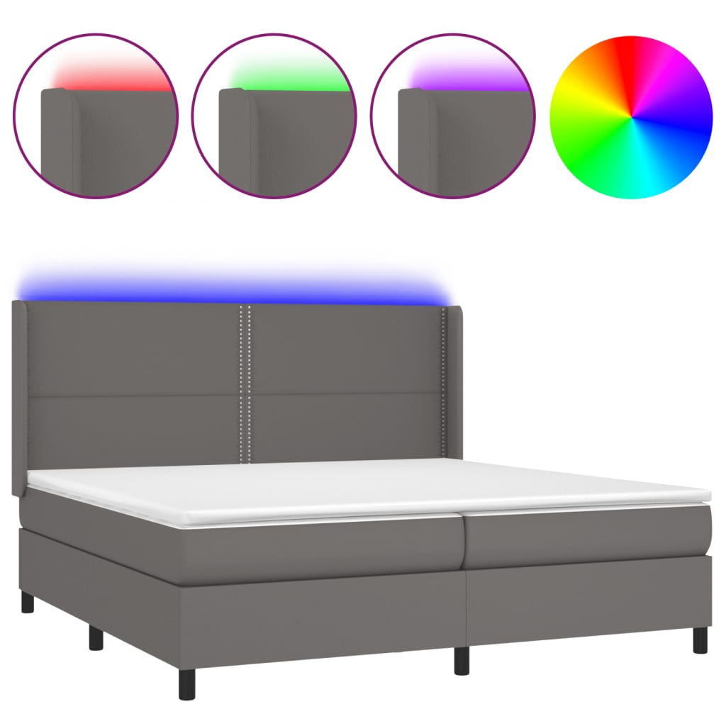 Krevet box spring s madracem LED sivi 200x200cm od umjetne kože