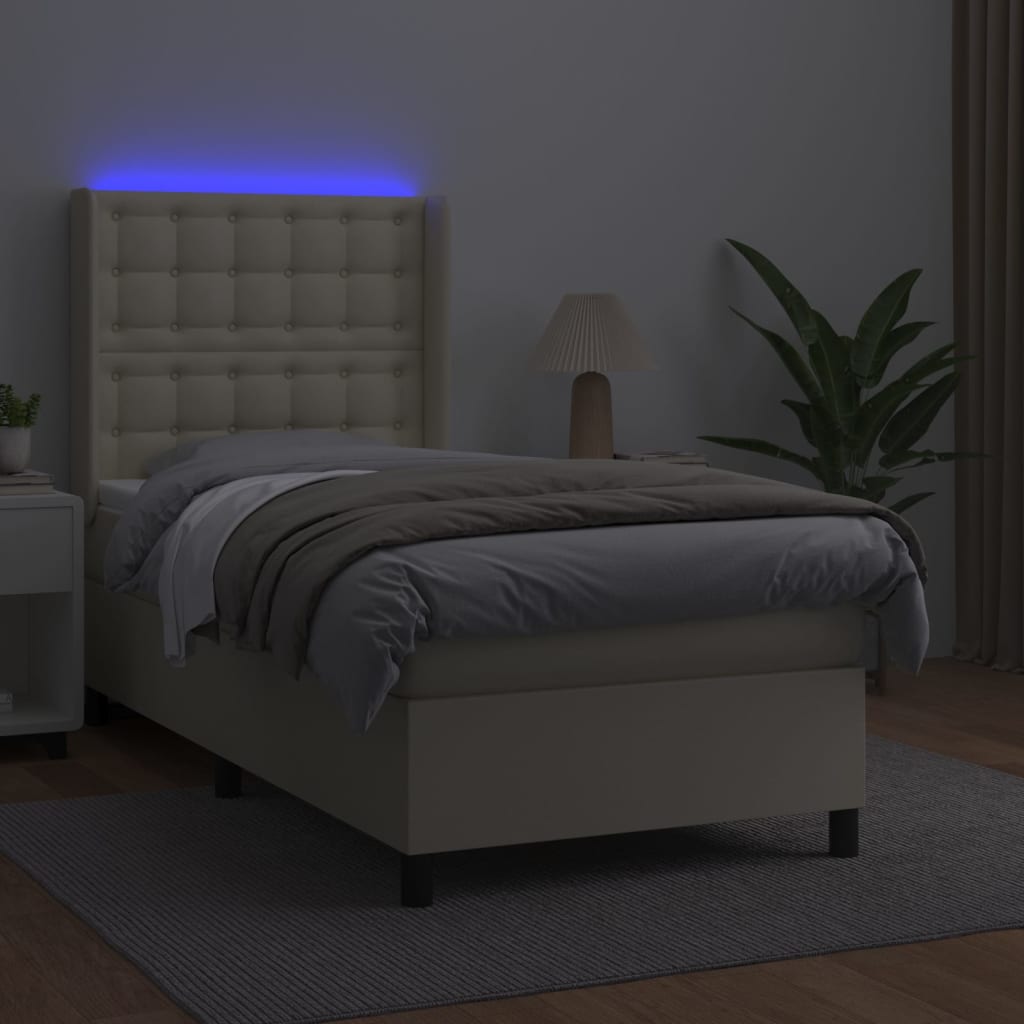 Krevet box spring s madracem LED krem 90x190 cm od umjetne kože