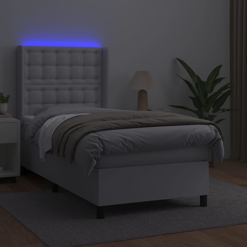 Krevet box spring s madracem LED bijeli 90x200 cm umjetna koža