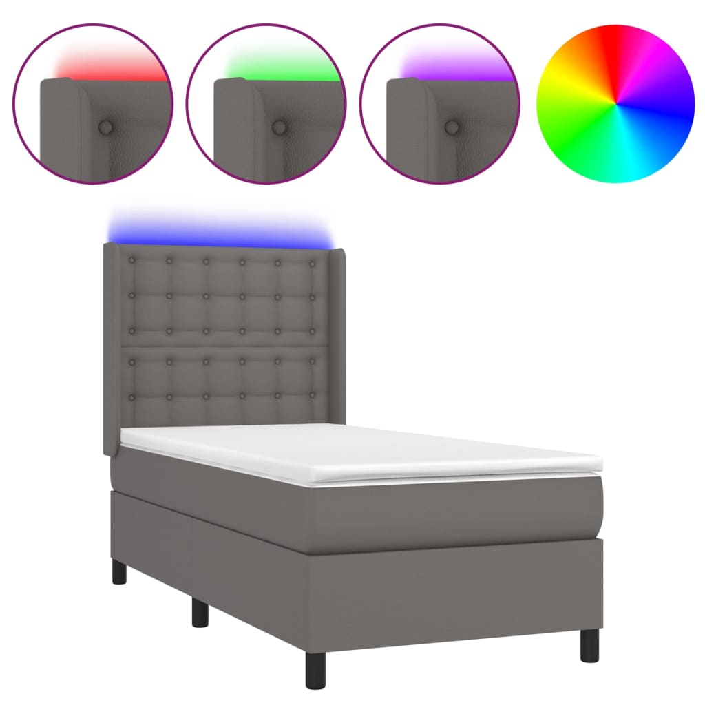 Krevet box spring s madracem LED sivi 100x200cm od umjetne kože