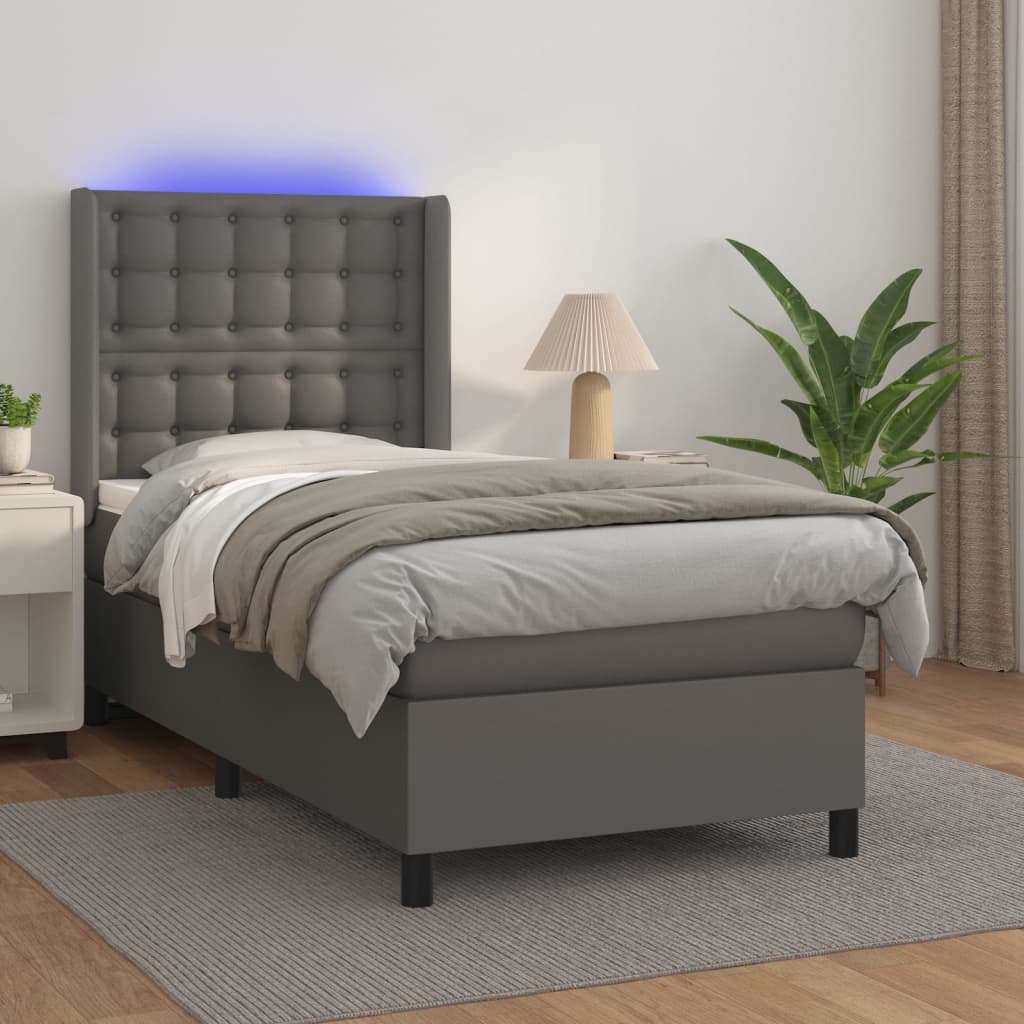 Krevet box spring s madracem LED sivi 100x200cm od umjetne kože