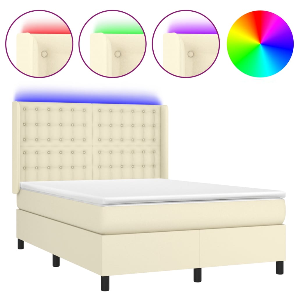 Krevet box spring s madracem LED krem 140x190cm od umjetne kože