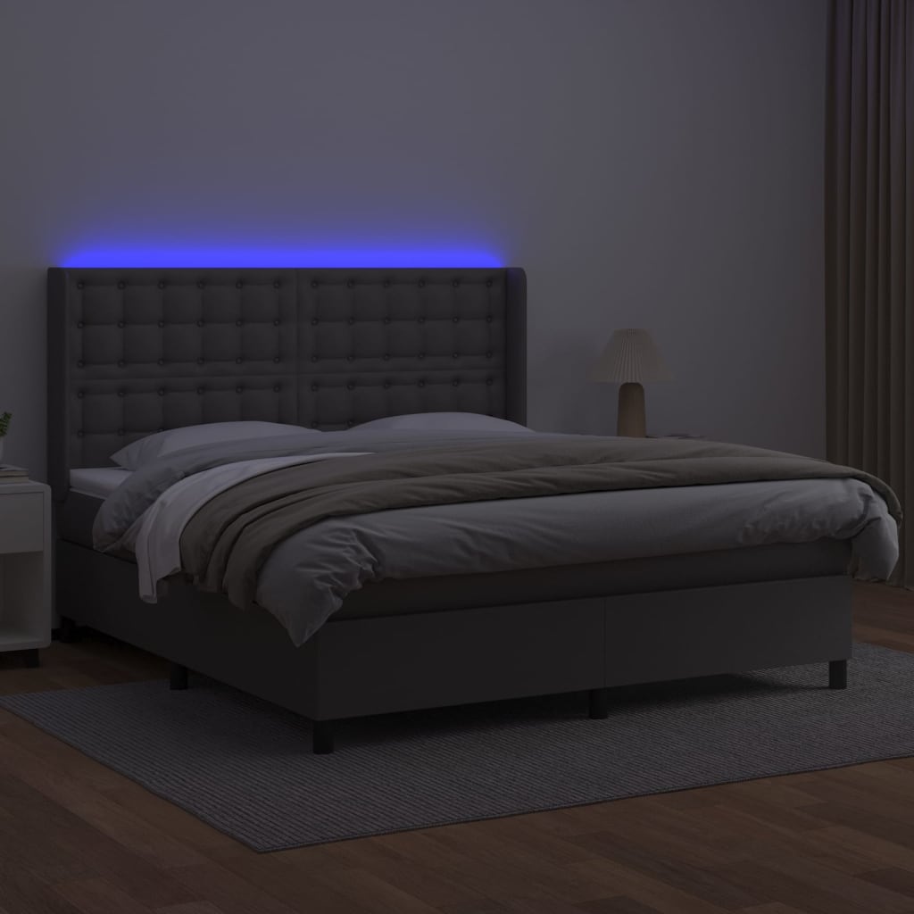 Krevet box spring s madracem LED sivi 160x200cm od umjetne kože