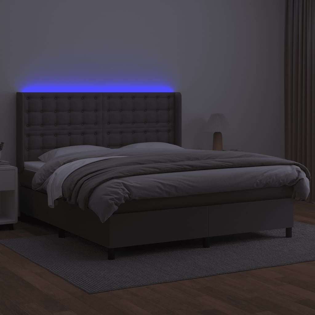 Krevet box spring s madracem LED sivi 180x200cm od umjetne kože