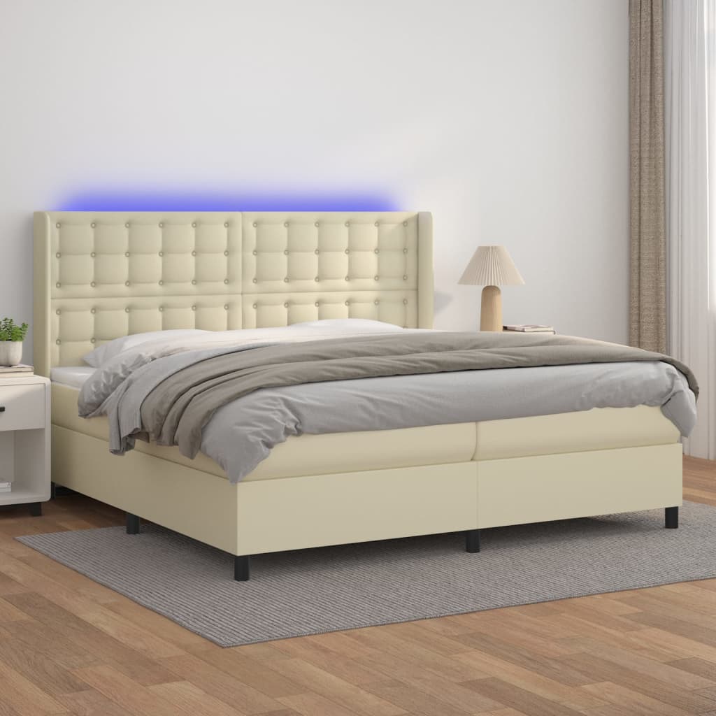 Krevet box spring s madracem LED krem 200x200cm od umjetne kože