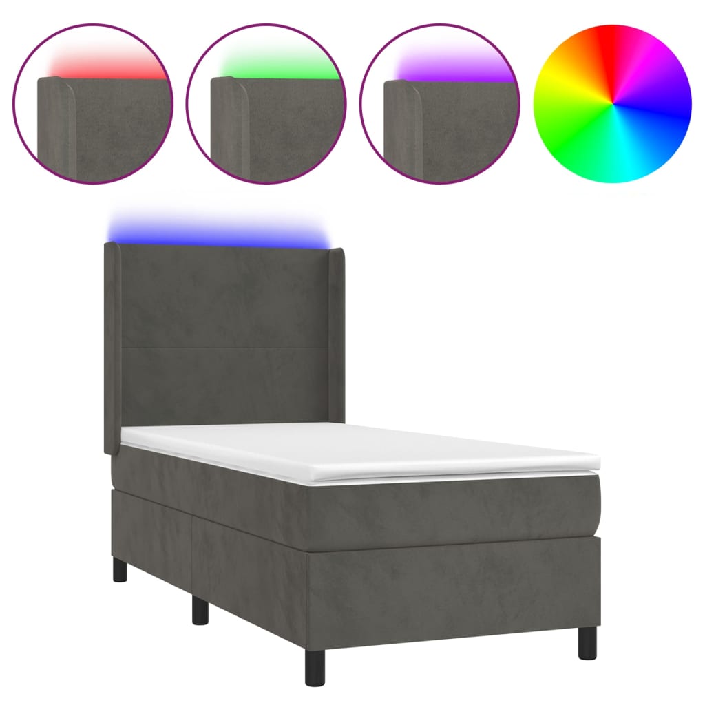 Krevet box spring s madracem LED tamnosivi 90x190 cm baršun