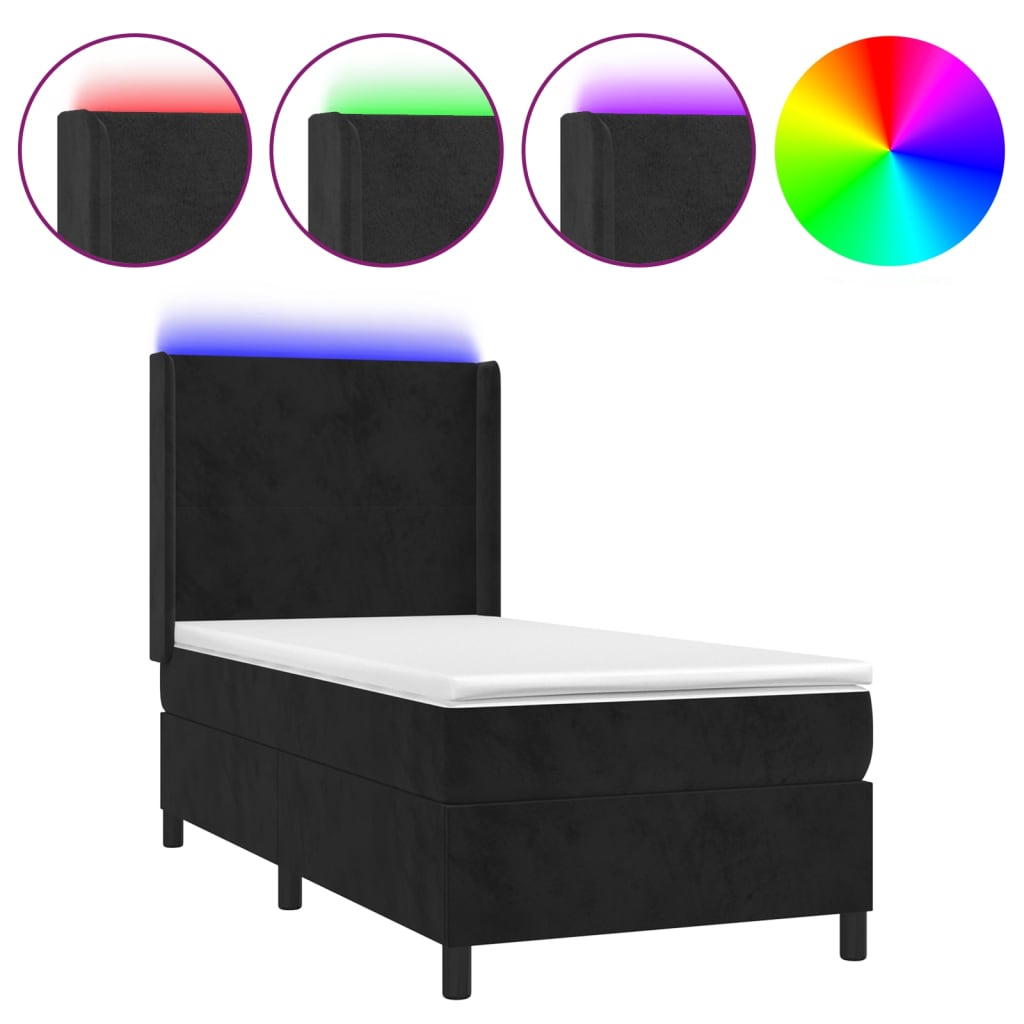 Krevet box spring s madracem LED crni 90x190 cm baršun