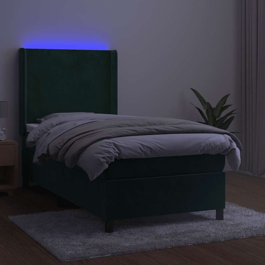 Krevet box spring s madracem LED tamnozeleni 90x190 cm baršun