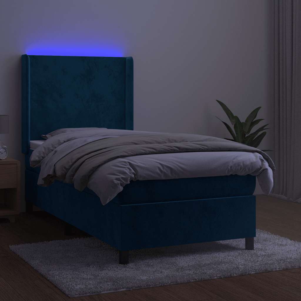 Krevet box spring s madracem LED tamnoplavi 90x190 cm baršun