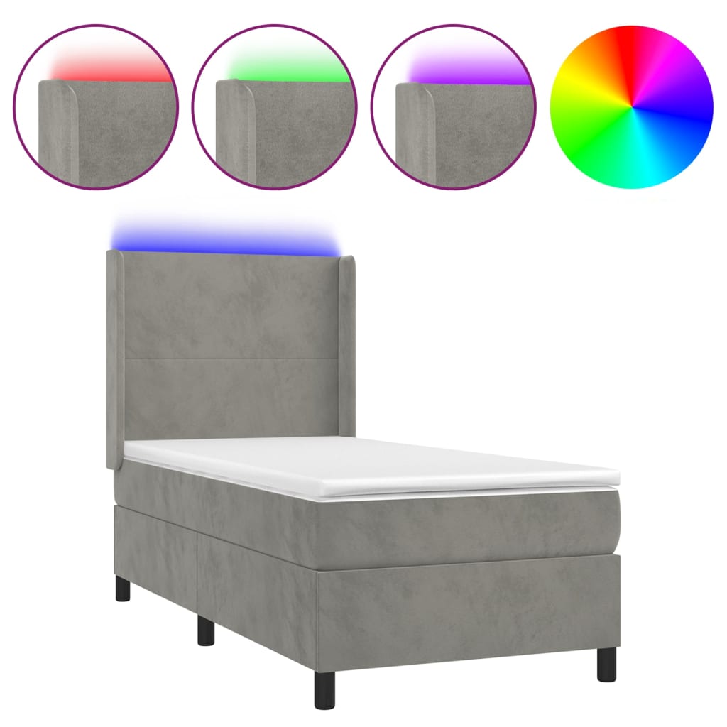 Krevet box spring s madracem LED svjetlosivi 90x200 cm baršun