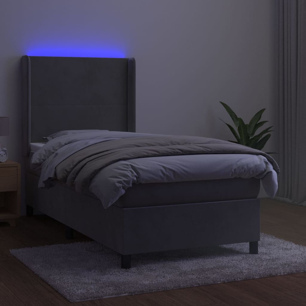 Krevet box spring s madracem LED svjetlosivi 90x200 cm baršun