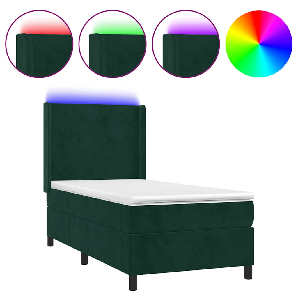 Krevet box spring s madracem LED tamnozeleni 90x200 cm baršun