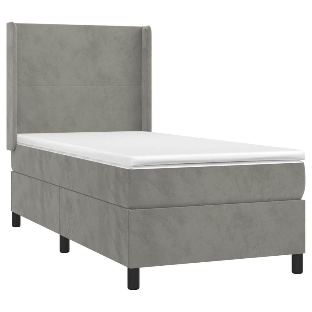 Krevet box spring s madracem LED svjetlosivi 100x200 cm baršun