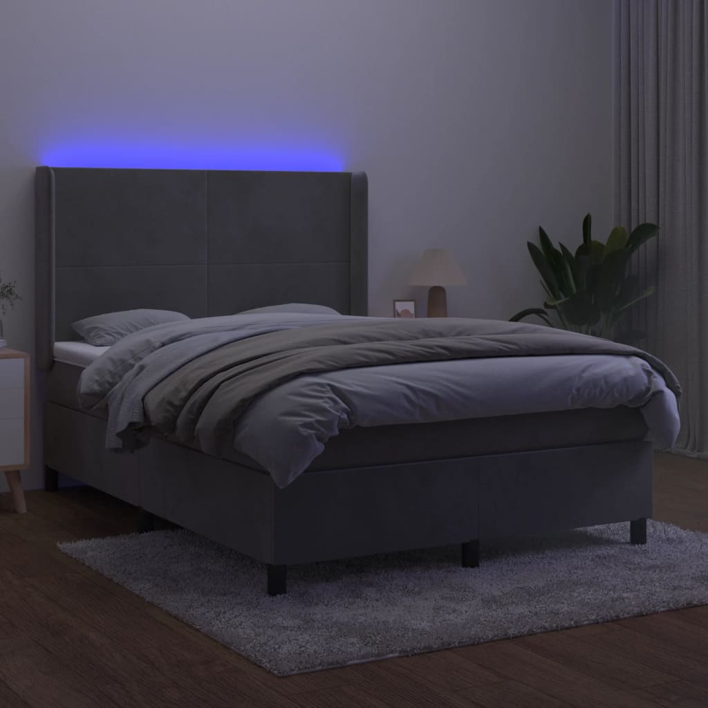 Krevet box spring s madracem LED svjetlosivi 140x200 cm baršun