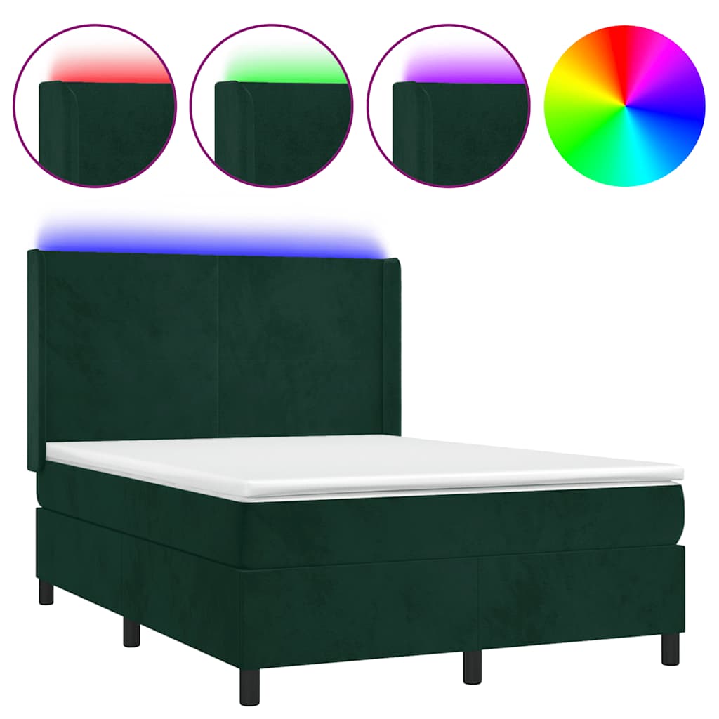 Krevet box spring s madracem LED tamnozeleni 140x200 cm baršun