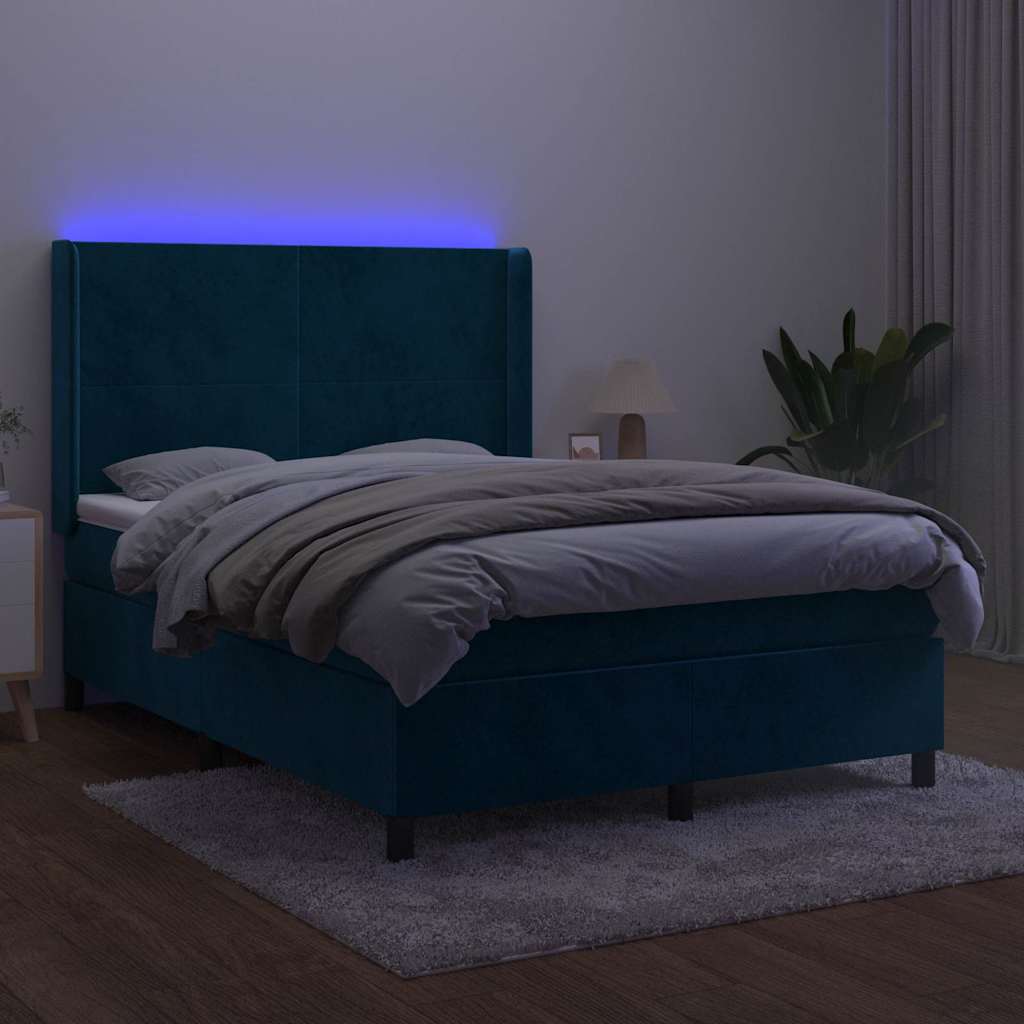 Krevet box spring s madracem LED tamnoplavi 140x200 cm baršun