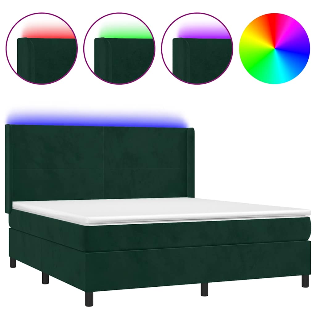 Krevet box spring s madracem LED tamnozeleni 180x200 cm baršun